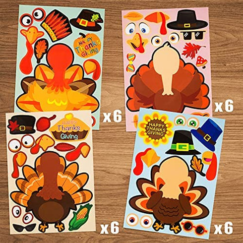 Thanksgiving Stickers, Thanksgiving Crafts for Kids Thanksgiving Games Make Your Own Turkey Stickers for Kids DIY Turkey Games Thanksgiving Party Favors Supplies Prizes Creative Scrapbooks - 24 Sheets