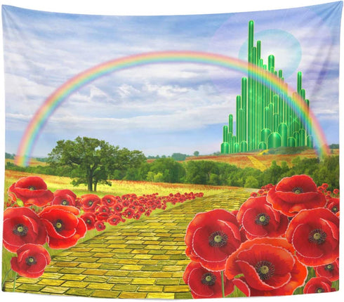Emvency Tapestry Poppies Field Yellow Brick Road Leading to the Emerald City Flowers Follow Home Decor Wall Hanging for Living Room Bedroom Dorm 50x60 Inches