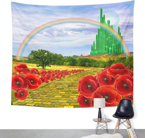 Emvency Tapestry Poppies Field Yellow Brick Road Leading to the Emerald City Flowers Follow Home Decor Wall Hanging for Living Room Bedroom Dorm 50x60 Inches