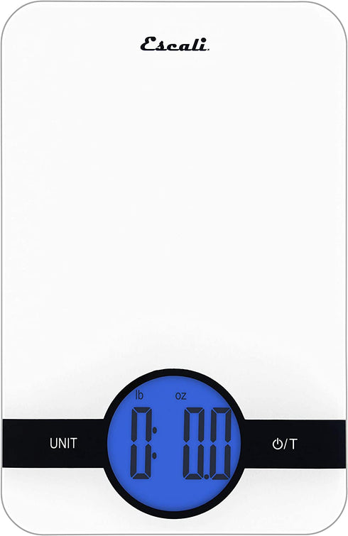 Escali Ciro C115W Blue Backlit Digital Display Table Top Scale, Tare Functionality, Liquid and Dry Measurements, Office, Kitchen, 11lb Capacity, White