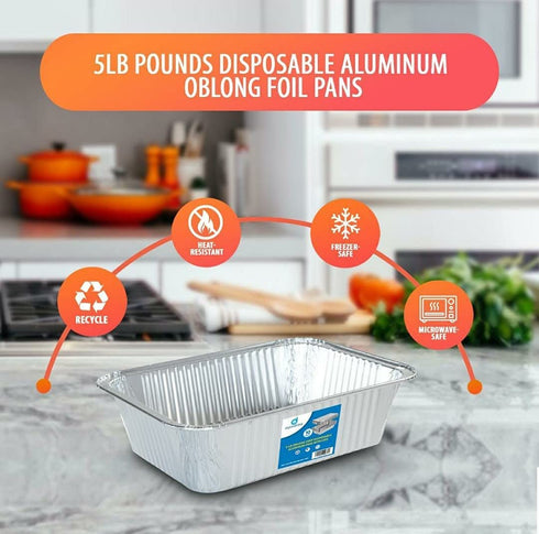(10) 5-lb Oblong Deep Disposable Aluminum Pans with Lids - Foil Pans perfect for baking cooking food and storage container