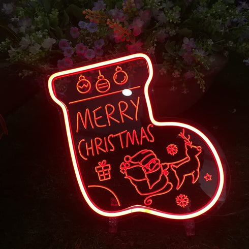 NOXTROND Merry Christmas Sock Festival Neon Light Sign, Red 3D Acrylic Light Up Words LED Lights Sign, USB Powered Dimmable Desk Lamp for Wall Indoor Christmas Party Bar Decoration