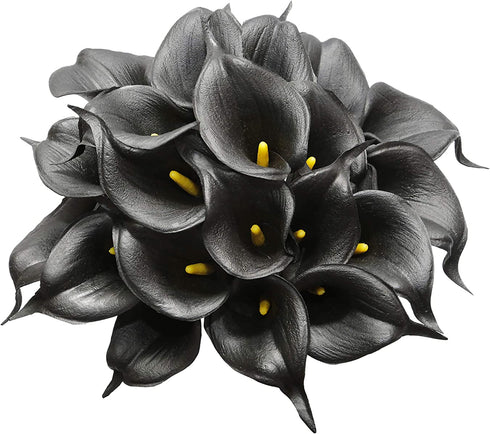 20Pcs Calla Lily Fake Black Flowers Wedding Bouquet Artificial Real Touch Latex Flowers Home Wedding Party Decor (Black)