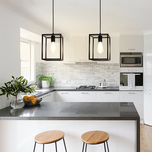 1 Light Black Lantern Pendant Light Fixture, Depuley Rustic Hallway Chandelier Lighting with Adjustable Cord, Rectangle Metal Cage Hanging Lights for Foyer /Kitchen Island/Bar/Entryway, 1XE26 Base