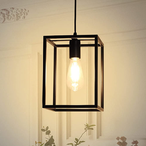 1 Light Black Lantern Pendant Light Fixture, Depuley Rustic Hallway Chandelier Lighting with Adjustable Cord, Rectangle Metal Cage Hanging Lights for Foyer /Kitchen Island/Bar/Entryway, 1XE26 Base