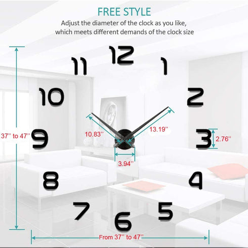 Frameless 3D DIY Wall Clock Mirror Surface Decorative Clock Large Mute Wall Stickers for Living Room Bedroom Home Decorations (Black)