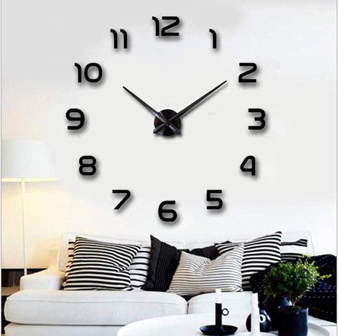 Frameless 3D DIY Wall Clock Mirror Surface Decorative Clock Large Mute Wall Stickers for Living Room Bedroom Home Decorations (Black)
