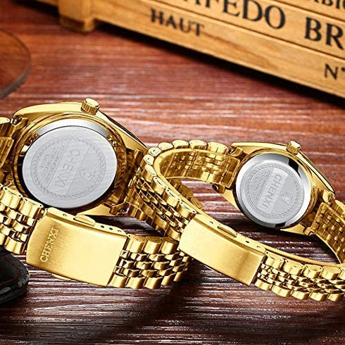 Couple Watches Classic Golden Stainless Steel Watch His and Hers Waterproof Quartz Watch