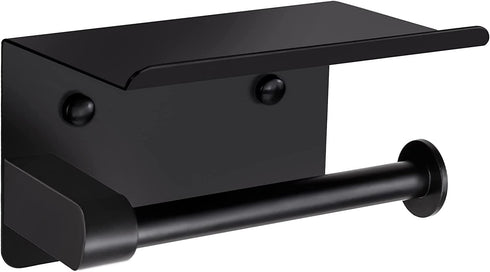 Toilet Paper Holder, CUPAN Adhesive Toilet Paper Holder with Shelf, Stainless Steel Wall Mounted Tissue Roll Paper Dispenser Holder, Washroom Bathroom Matte Black Toilet Paper Roll Holder