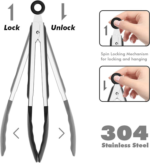 ChefAide 9/12 inches Cooking Tongs, 18/8 Stainless Steel with 600ºF High Heat-Resistant , Set of 2 Premium Silicone Rubber Grips Kitchen Locking Tong for Grill,Salad,BBQ,Frying,Baking,Serving (Black)