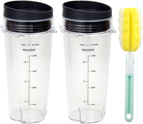 Blender Cup with Lid For Nutri Ninja, Single Serve Replacement Parts Compatible with BL740/BL770/BL771/BL772/BL780/BL660/BL663/BL810/BL820/BL830, Food grade Material, Dishwasher Safe (2Pack, 16 oz)