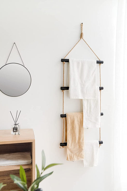 Dahey Blanket Ladder Bath Towel Rack Bar Storage Ladder Wood Wall Hanging Living Room Scarf Ladder Rustic Home Decor Ladder,Black