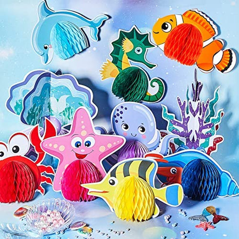 12 Pieces Ocean Sea Animal Honeycomb Centerpiece Under the Sea Table Decorations Ocean Themed Marine Creature Decoration Fish Mermaid Table Honeycomb for Beach Themed Birthday Party Baby Shower