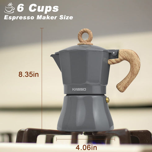 KASSO Stovetop Espresso Maker, 6 Cup Aluminum Moka Pot for Classic Espresso, Italian Coffee Maker for Home and Camping, Easy to Operate & Quick Cleanup (Grey and Burlywood)