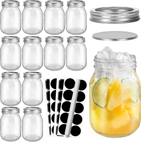 CycleMore 12 Pcs 16oz 480ml Clear Glass Jars With Silver Separable Lids, Mason Jars Round Canning Jars Spice Jars for Honey, Jam, Herb, Wedding Favor, Kitchen Storage
