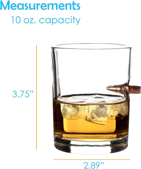 Houseables .308 Bullet Glasses, Glass Whiskey Cups, 9.5 OZ, 2 Pk, Rocks Cup, Drinking Lowball w/Round Embedded, Old Fashioned, Scotch, Bourbon, Copper Projectile, Cocktails, Gift Set, Gift for Men