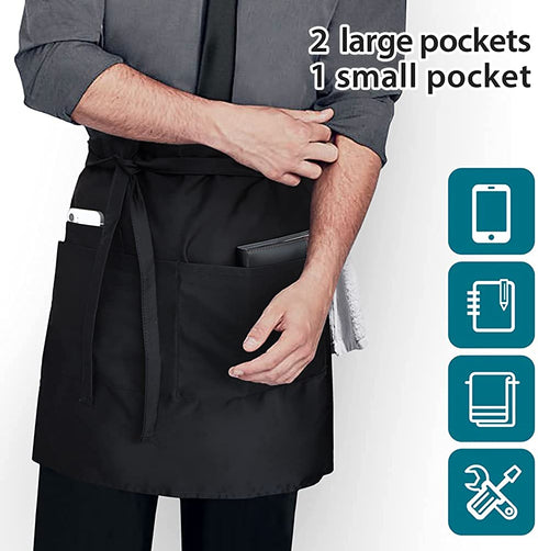 ROTANET Waist Apron with 3 Pockets Black Bistro Apron Long Server Apron Half Wide Extra Large Waterproof Multi Pack