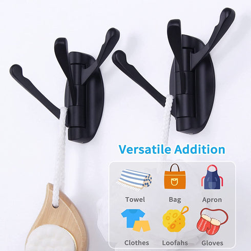 Towel Hook Matte Black 2 PCS, Angle Simple Metal Swivel Folding Robe Hook, Hand Towel Holder, Heavy Duty Clothes Hanger for Bathroom RV Wall Mount