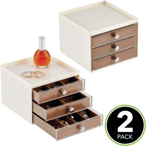mDesign Plastic Small 3-Drawer Jewelry Organizer Box for Storage on Dresser, Vanity, Countertop - Holds Earrings, Bracelets, Necklaces, Bangles, Rings, 2 Pack - Cream/Brown