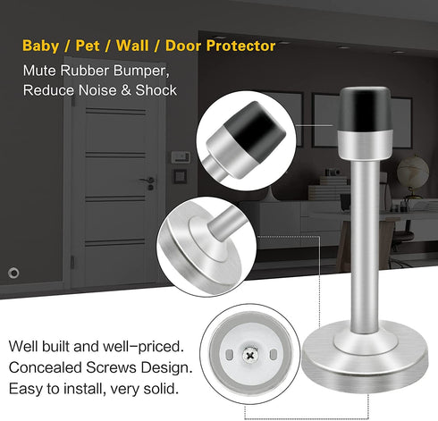 Door Stopper, Long Door Stops, 304 Stainless Steel Sound Dampening Door Stop Bumper Wall Protector, Brushed Door Stop Door Holder for Home Office Garage 5 inch 1 Pack Silver