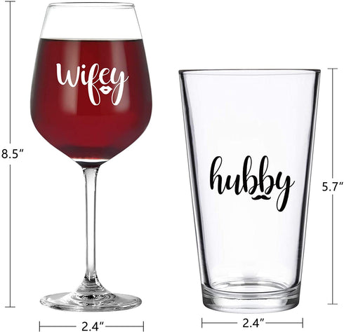 Wifey & Hubby Wine Glass and Beer Glass Set, Novelty Gift for Her Him Husband Wife Newlywed Couple, Perfect Glass Set for Bridal Shower Birthday Valentine™s Day Wedding Engagement Anniversary