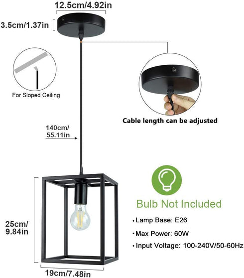 1 Light Black Lantern Pendant Light Fixture, Depuley Rustic Hallway Chandelier Lighting with Adjustable Cord, Rectangle Metal Cage Hanging Lights for Foyer /Kitchen Island/Bar/Entryway, 1XE26 Base