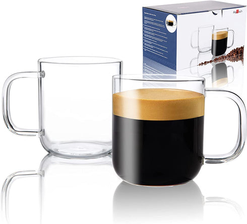 Aquach Glass Mugs 16 oz Set of 2, Large Clear Glass Cup with Handle for Hot/Cold Coffee Tea Beverage, Thicker Quality