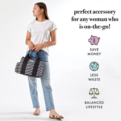 Fit + Fresh Sanibel Insulated Lunch Bag, Lunch Bag for Women Includes 2 Food Containers, Reusable Lunch Box, Perfect for Work, School, Beach & More, Black Stripe