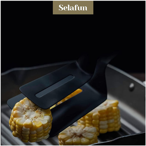 Kitchen Tongs Steak Clamp Bread Tongs 10 inch Double Spatula Tongs Clip Pizza Clamp Stainless Slotted Multi-Function Food Flipping for Bread Eggs BBQ Hamburgers Patties Pancakes (1, Matte Black)