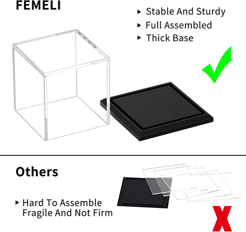 FEMELI Acrylic Display Case, Clear Box Cube Organizer Stand with Base, Assembled Countertop Showcase for Home Collections Action Figures Toys (4in)