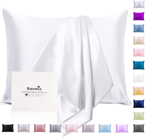 Ravmix Silk Pillowcase for Hair and Skin with Hidden Zipper, Both Sides 21 Momme Silk, 1PCS, Standard Size 20×26inches, Pure White