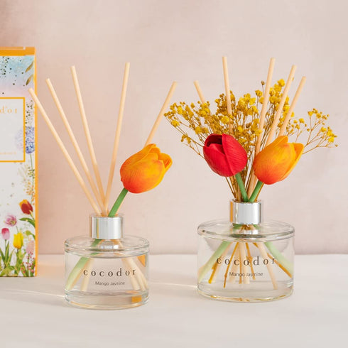 Cocod'or COCODOR Tulip & Preserved Real Flower Reed Diffuser/Floral Bouquet / 6.7oz(200ml) / 1 Pack/Reed Diffuser Set, Oil Diffuser & Reed Diffuser Sticks, Home Decor & Office