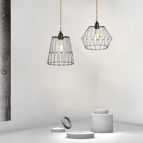 Farmhouse Black Plug in Metal Pendant Light - Industrial 15 Ft Hanging Lamp Kit Hemp Rope Light Cord Metal Cage Deformable Lampshade Lighting Fixtures with for Living Room Bedroom Loft DIY Decor