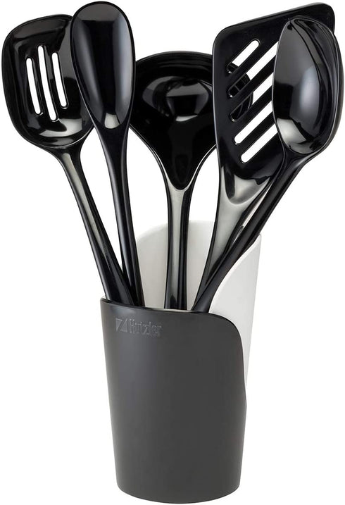 Hutzler Melamine Cooking Utensils and Crock Set, 6-pc, Black