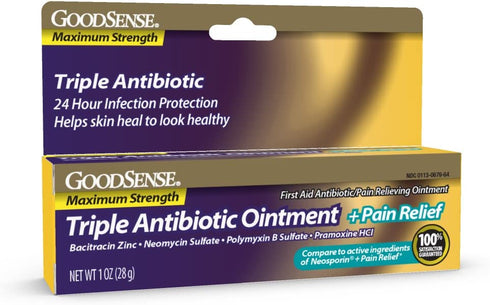 GoodSense Maximum Strength Triple Antibiotic Ointment plus Pain Relief, Soothes Painful Cuts, Scrapes, and Burns, While Preventing Infection, 1 Ounce