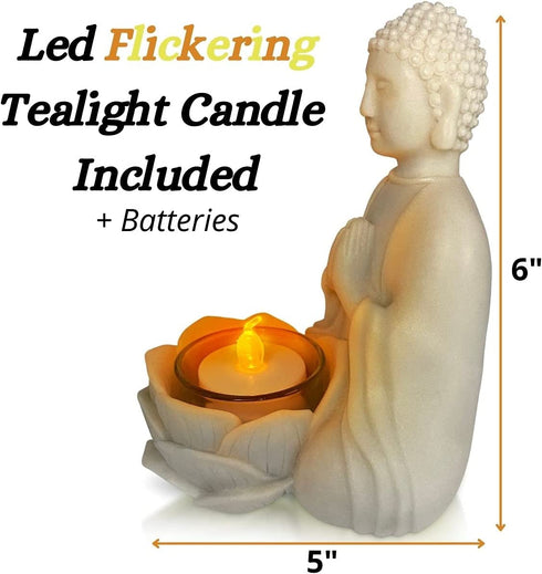 OakiWay Meditation Decor - Buddha Statue & Lotus Flower Candle Holder W/ Flickering Led Candle - Spiritual Decor, Zen/Yoga Accessories, Feng Shui/Spa/Japanese/Boho Decor, Relaxing Gifts for Women