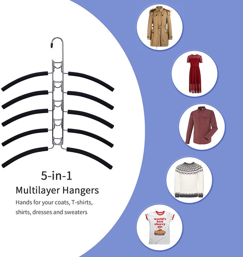 Nature Smile 2 Pack 5 in 1 Anti Slip Metal Sweater Coat Hangers,Multi Layers Wardrobe Clothes Rack,Heavy Duty Metal Space Saver Shirt Blouse Hanger Closet Storage Organizer