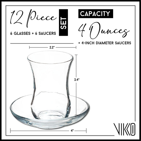 Vikko Turkish Tea Glasses & Saucers: 4 Oz Turkish Tea Cups - Turkish Glass Tea Set For Six - Tea Cup Glass - Clear Glass Tea Cups And Saucers - Turkish Tea Cup Set - Tea Set Moroccan - 6 Cups+6 Plates