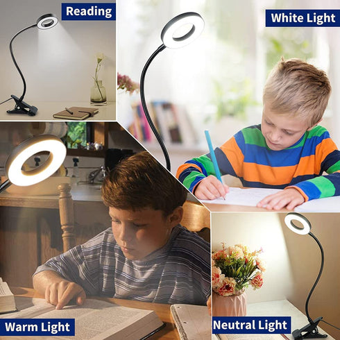 DLLT Dimmable Clip on Light, 48 LED USB Book Reading Light, Color Changeable Night Light Clip on for Desk, Bed Headboard, Makeup Mirror, Dorm Room, Computer, Piano Lighting, 15 Brightness (Black)