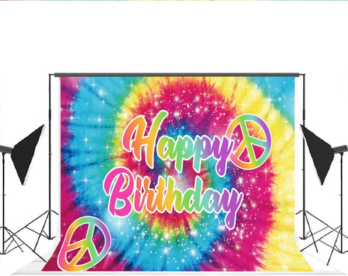 Lofaris Tie-Dye Birthday Party Photography Backdrop 60's Hippie Theme Happy Birthday Background Groovy Sign Rainbow Birthday Decorations Cake Table Banner Photo Booth Props 7x5ft
