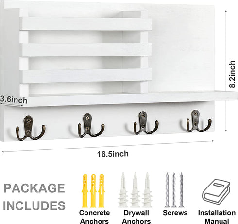 Lwenki Key & Mail Holder for Wall - Rustic Natural Paulownia Wood, 4 Double-Hook Hangers - Wall Mounted Organizer for Decor, Bags, Accessories - Hardware & Manual Included (White)