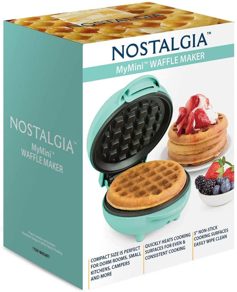Nostalgia MyMini Personal electric waffle maker compact size 5 inch non-stick for kitchens, campers and more