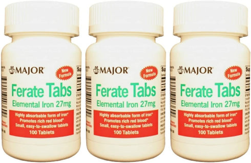 ( Pack Of 3 ) MAJOR FERATE ELEMENTAL IRON 27MG TAB FERROUS GLUCONATE-27 MG Green 100 TABLETS UPC 309046403609