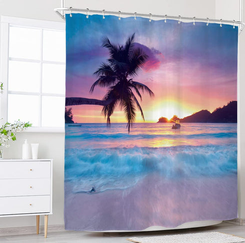 Riyidecor Beach Shower Curtain Ocean Sunrise Tropical Palm Tree Hawaiian Sunset Costal Scenery Sea Waves Summer Bathroom Home Decor Set Waterproof Polyester 72WX72H Inch 12 Pack Plastic Hooks WW-IHTB