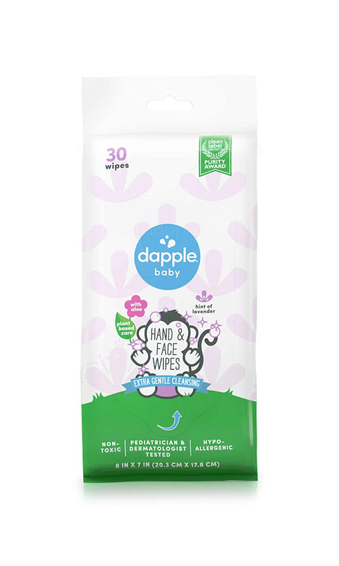 Dapple Baby Hand & Face Hypoallergenic Wet Wipes, Dermatologist & Pediatrician Tested, Award-Winning, White, Lavender, 30 Count