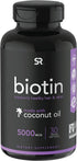 Sports Research Extra Strength Vegan Biotin (Vitamin B) Supplement with Organic Coconut Oil - Supports Keratin for Healthier Hair & Skin - Great for Women & Men - 5,000mcg, 30 Veggie Softgel Capsules