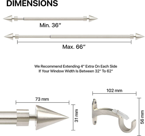 Silver Curtain Rod for Windows & Doors Curtains Extendable 36 to 66 Inch Adjustable Single Window Curtain Rod with Conical Finials & Brackets Set (3/4 Inch) - By Deco Window