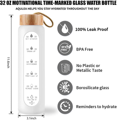 AQULEA 32 Oz Borosilicate Glass Water Bottle with Times to Drink - Wide Mouth BPA Free Glass Motivational Water Bottles with Silicone Sleeve, Bamboo Lid, Fruit Infuser, and Bonus Brush