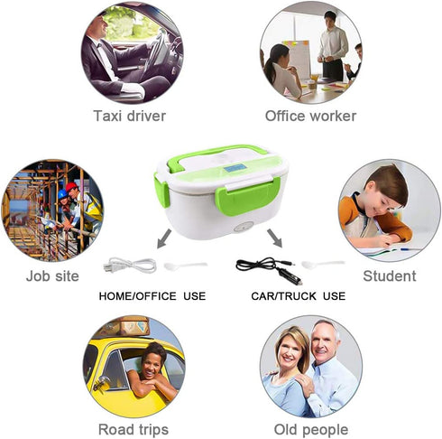 Electric Lunch Box -- Toursion Portable Food Heater 2 in 1 for Car/Truck and Work 110V&12V-24V 40W, Removable Stainless Steel Portable Food Warmer 1.5L, Spoon and 2 Compartments Included(Green)