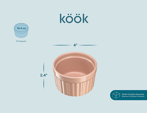 Kook 10 oz Porcelain Ramekins, Oven Safe, For Baking Pot Pies, Creme Brulee, Lava Cake, Soup, Set of 6,